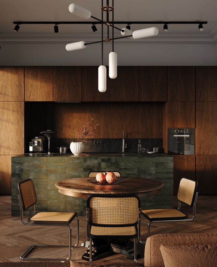 cuisine-bois-marbre-design-mid-century-salle-a-manger